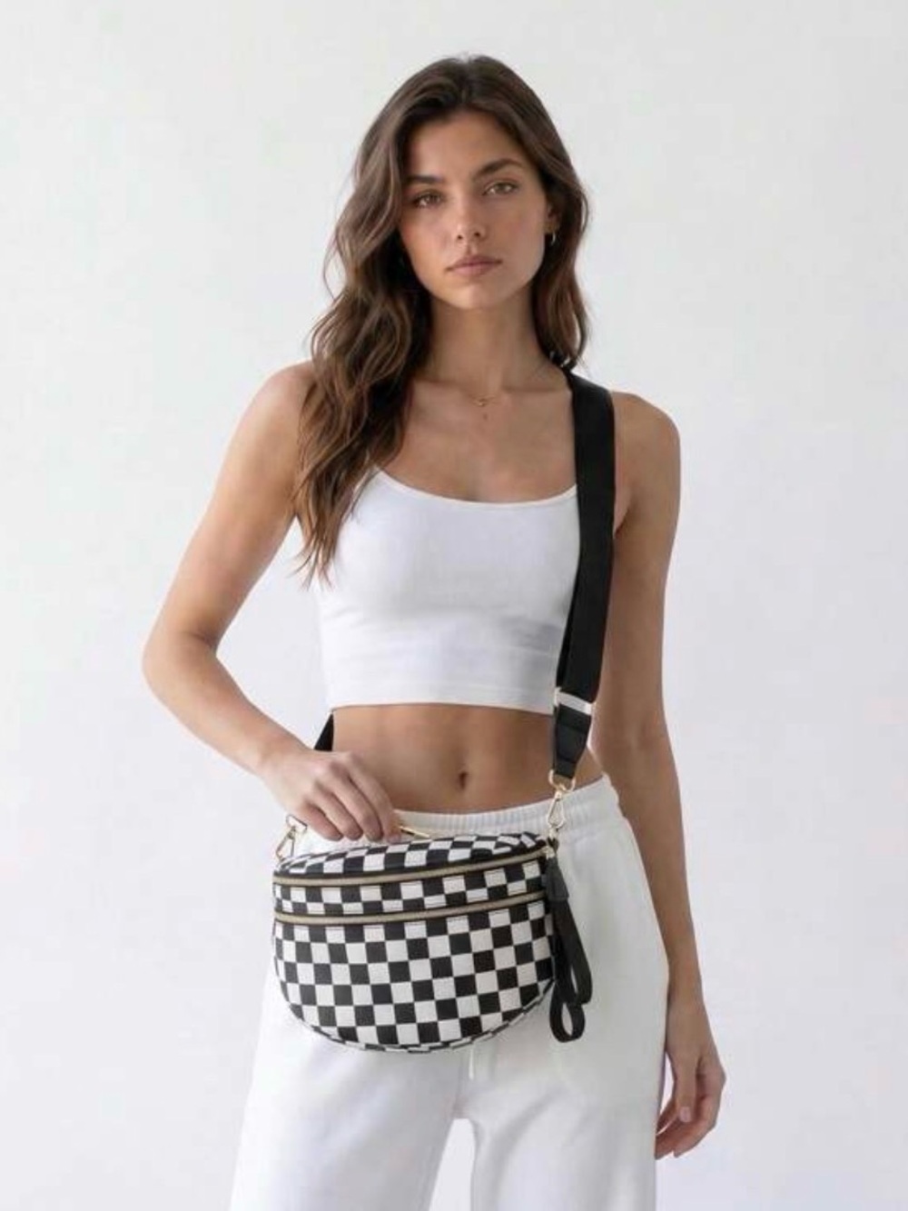 Checkerboard Crossbody Waist Bag - Black & White